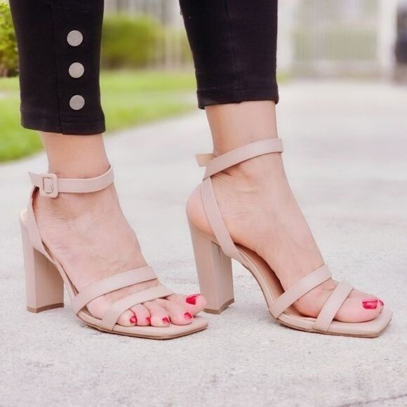 Womens Triple Straps Chunky Heels Sandals Nude Color - Picture 2 of 7